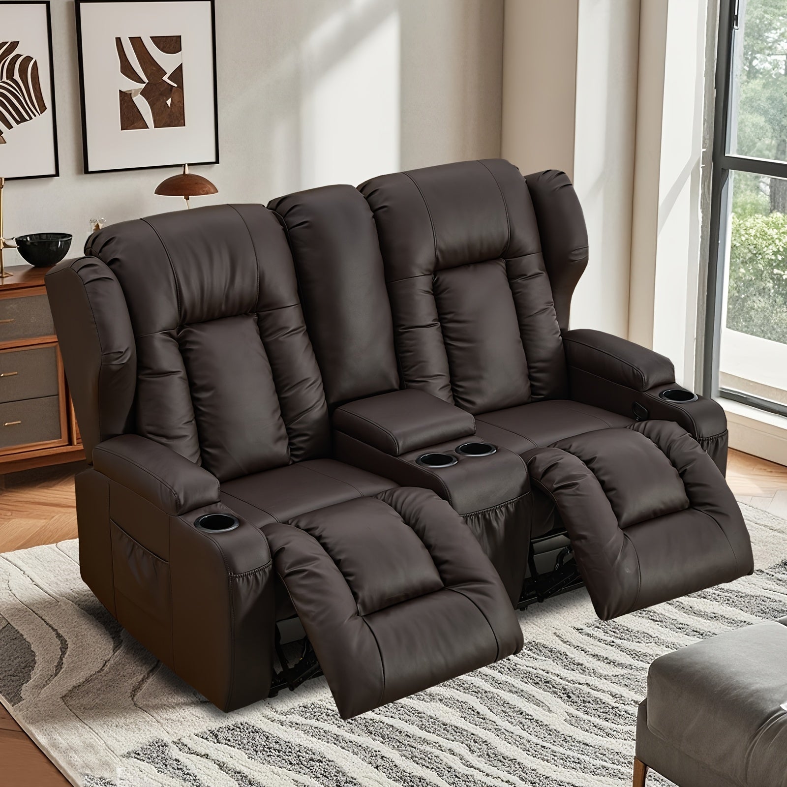 Brown Contemporary Faux Leather 2-Seater Loveseat Recliner Sofa with Console Storage, 4 Cup Holders & Side Pockets, Manual Reclining Home Theater Seating for Living Room or RV, Manual Recliner | Plush 2Seater | Luxury Comfort