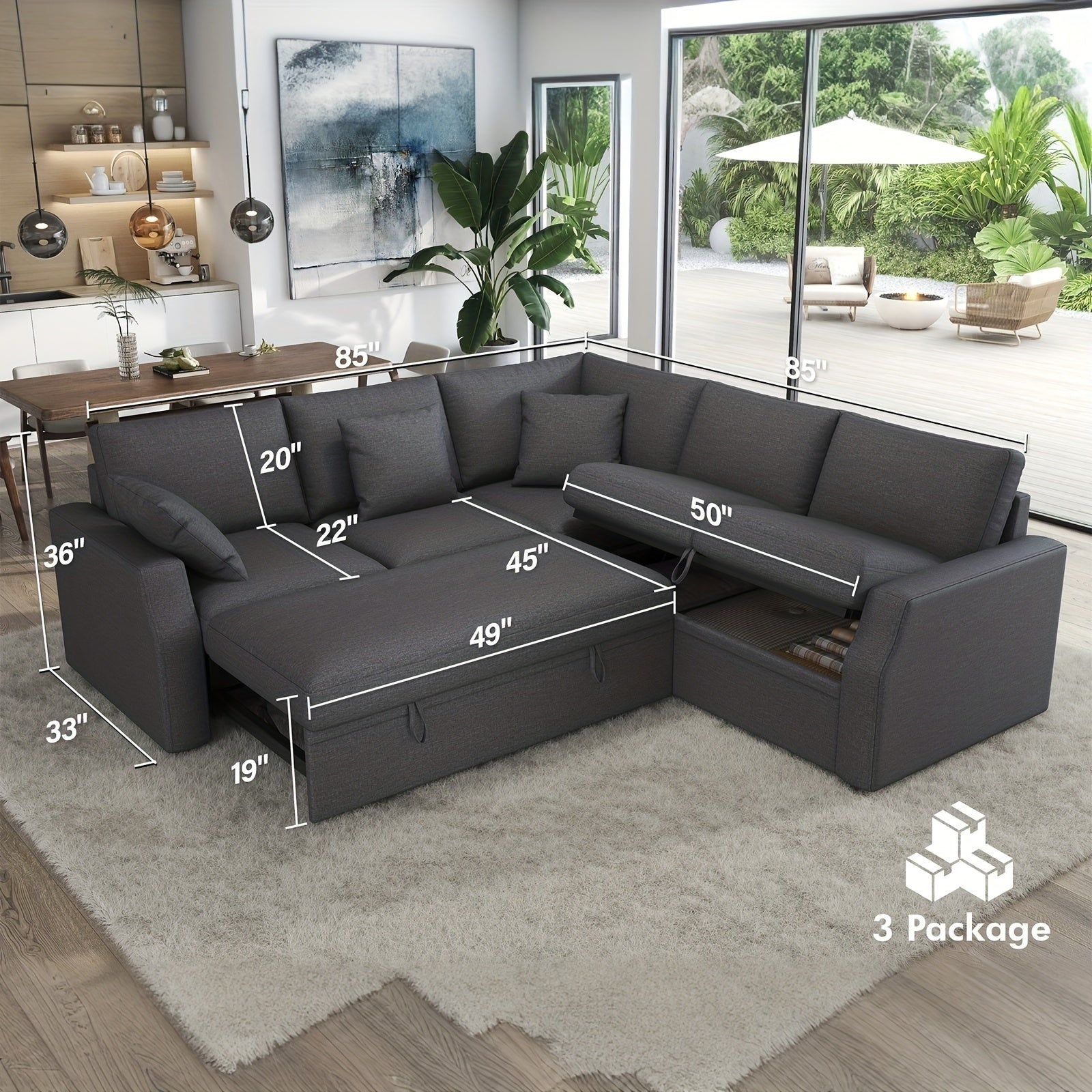 85-Inch L-Shaped Sofa Bed with Pull-Out Mattress and Storage Seating, Linen Fabric Corner Sectional Suitable for Living Rooms and Apartments
