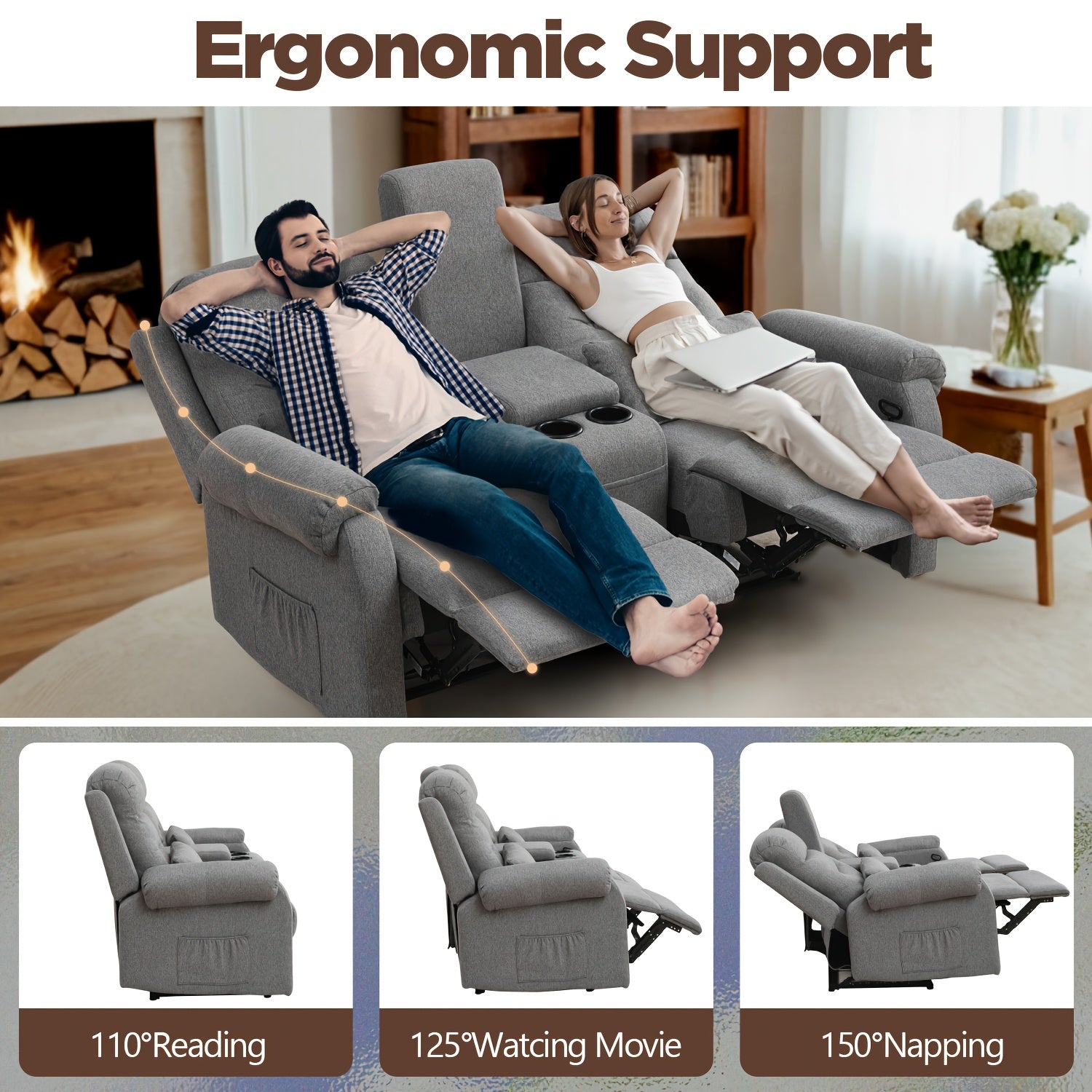 Manual RV Loveseat Recliner With Console/Cup Holders/Pockets - Reclining Sofa For Living Room And Home Theater Seating