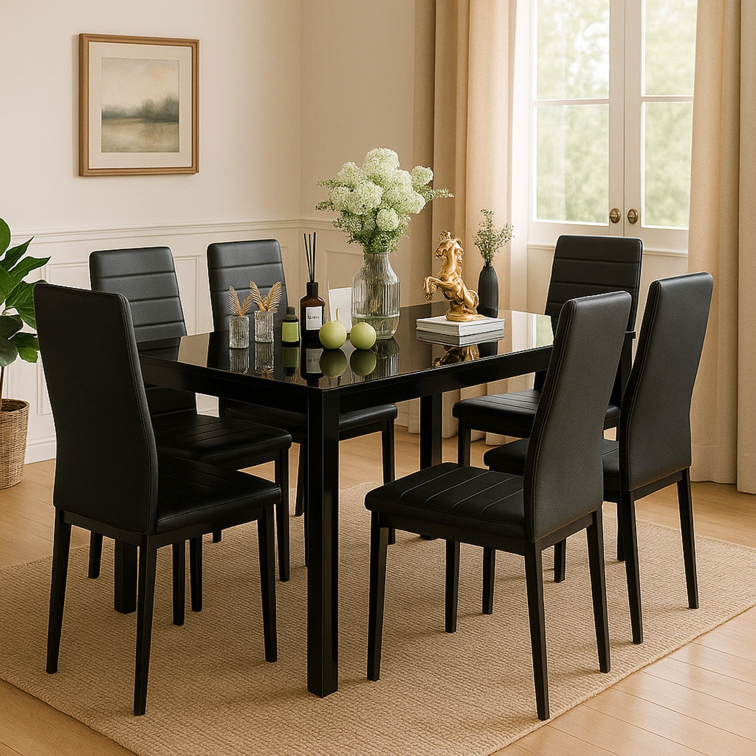 7-Piece Modern Glass Dining Table Set for 6 – PU Leather Chairs, Tempered Glass Top for Kitchen, Dining Room or Apartment