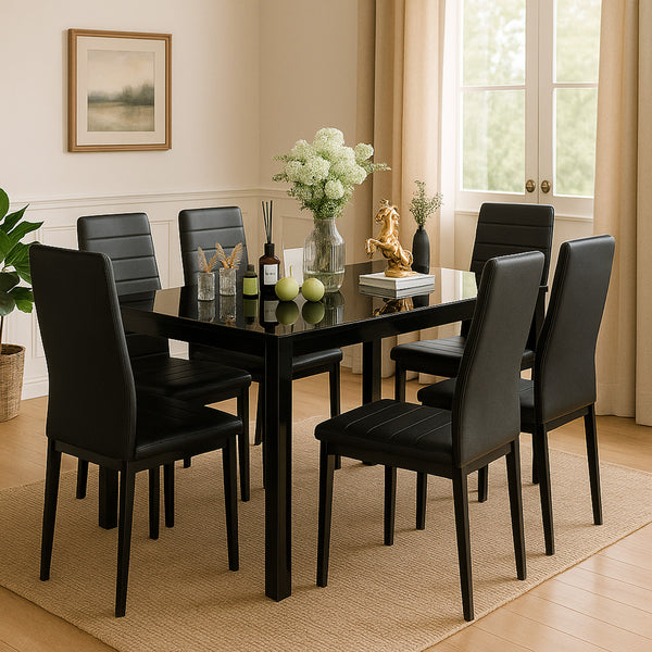 7-Piece Modern Glass Dining Table Set for 6 – PU Leather Chairs, Tempered Glass Top for Kitchen, Dining Room or Apartment
