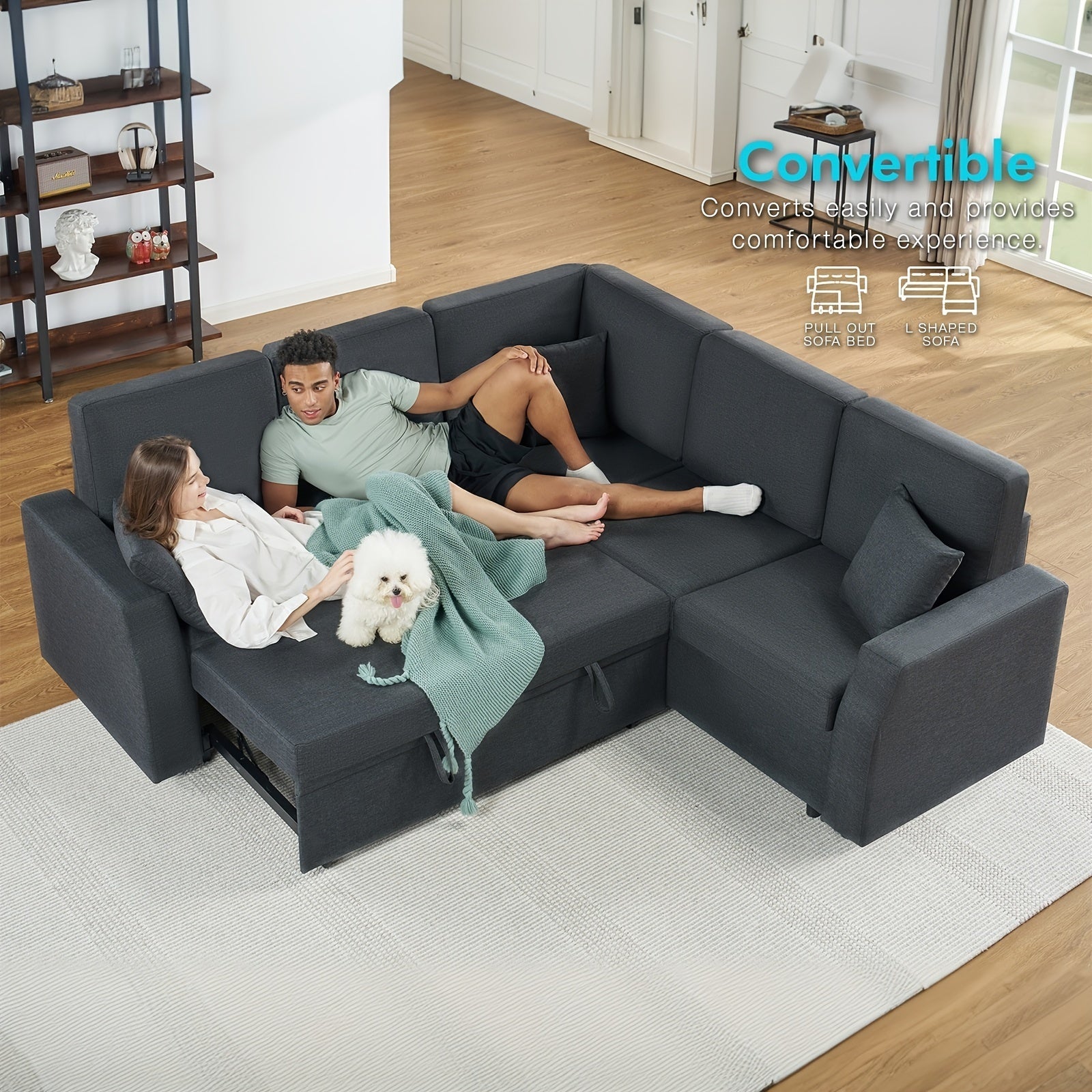 85-Inch L-Shaped Sofa Bed with Pull-Out Mattress and Storage Seating, Linen Fabric Corner Sectional Suitable for Living Rooms and Apartments