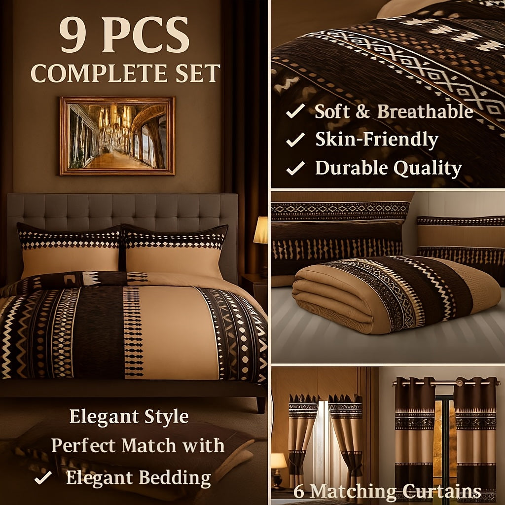 9pcs Boho Comforter Bedspread with Curtains, Brown Tribal & Blue Butterfly Bedding Set, Includes 1 Bedspread 2 Pillowcases And 6 Curtains.Queen/King/Cal King Size.Soft Breathable, Easy Care.Filling Inside.Mega.Ideal Gift for