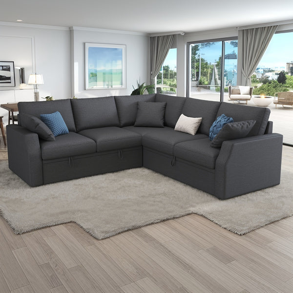 85-Inch L-Shaped Sofa Bed with Pull-Out Mattress and Storage Seating, Linen Fabric Corner Sectional Suitable for Living Rooms and Apartments