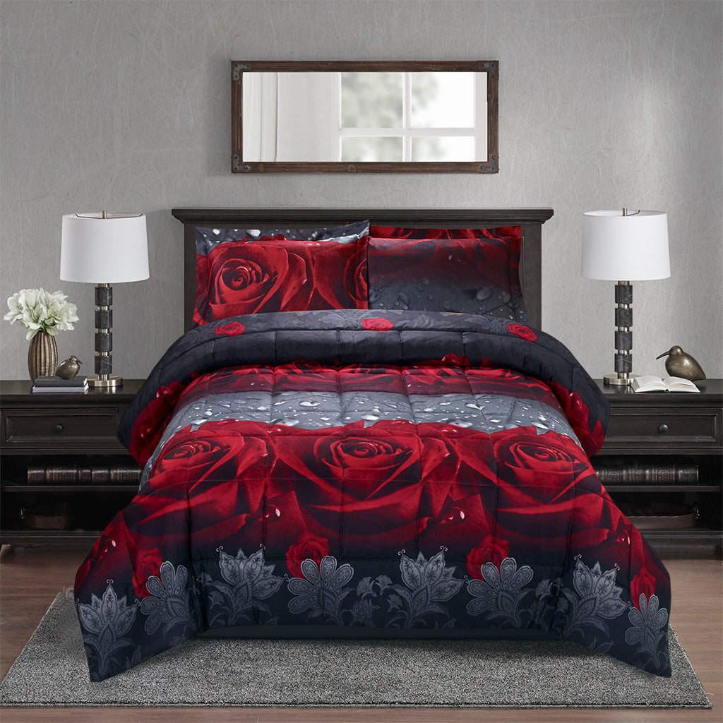 3-Piece 3D Rose Love Comforter Set – Romantic Floral Printed Bedding, Soft & Breathable, Fade-Resistant, Includes 1 Comforter & 2 Pillow Shams